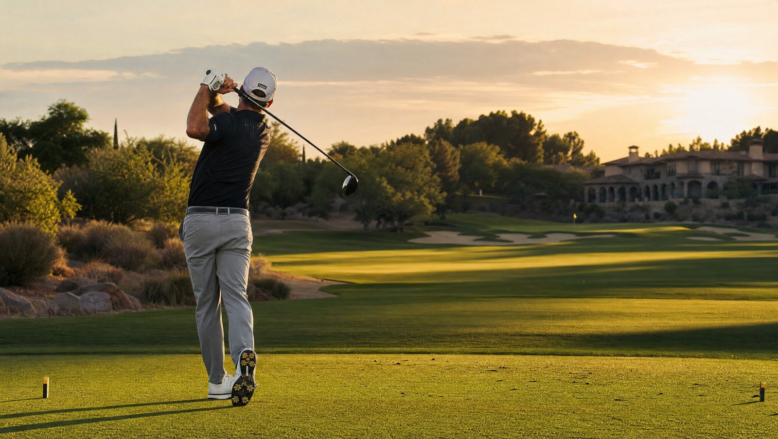 Golfer on a premium fairway at golden hour